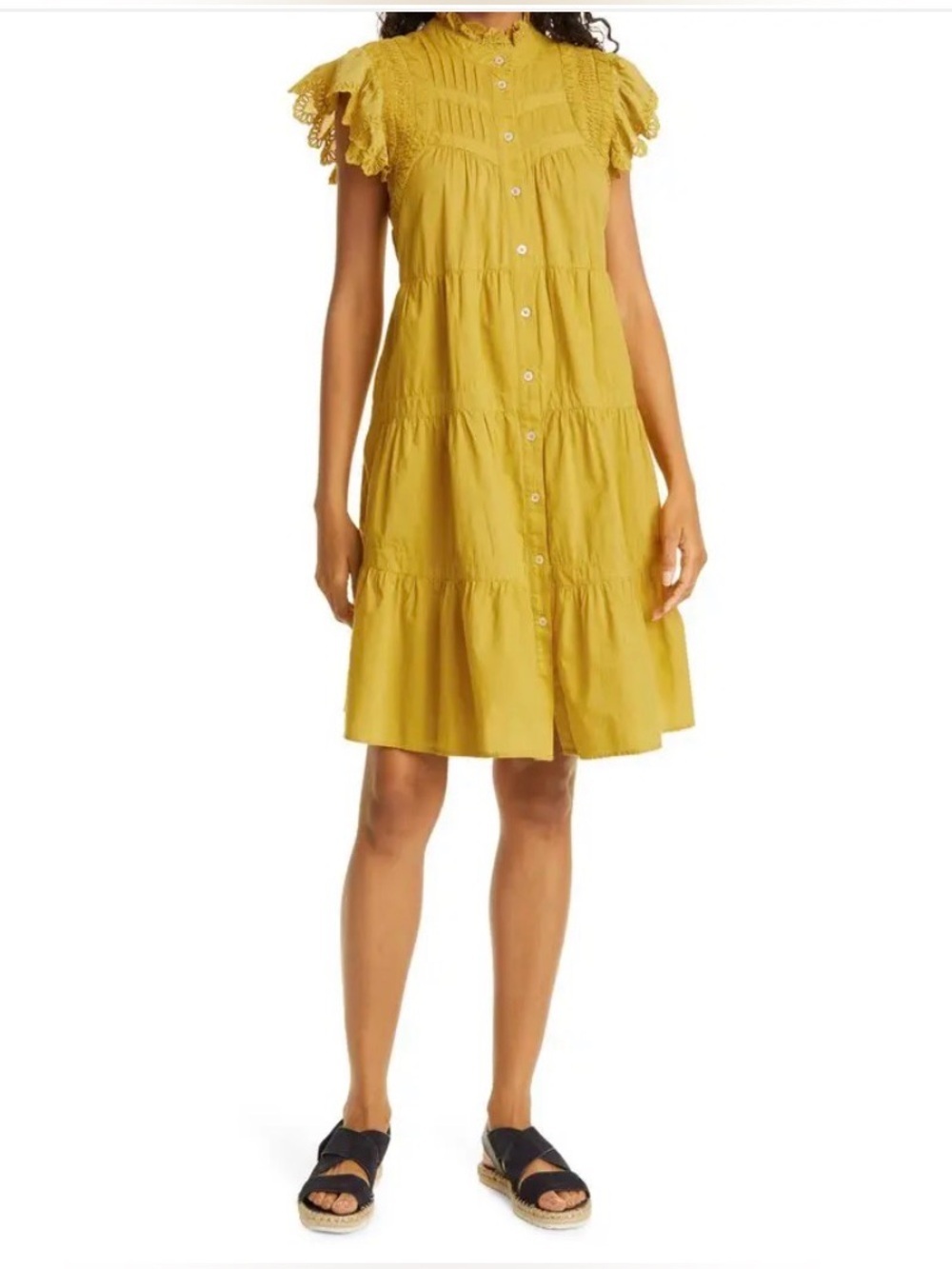 Sea New York Adrienne Tiered Cotton Dress In Yellow Mustard.Size M